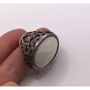 Sterling Silver Marcassites Agate Statement Ring 925k